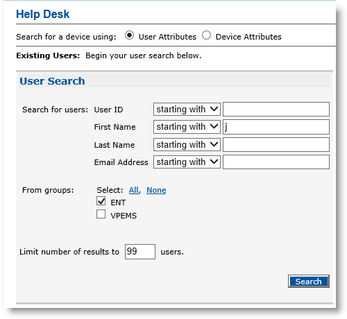 Help Desk tab of CMS Operator portal with User Attributes option selected as device search criterion and various User Search fields to be completed